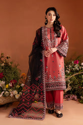 Rust Embroidered 3 Pc Pima Lawn Suit