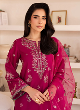 Embroidered Solid Dress - 3 Pc