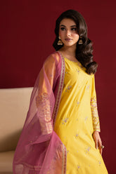 Yellow 3 Pc Embroidered Egyptian Cotton Suit