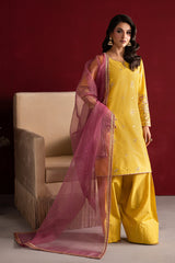 Yellow 3 Pc Embroidered Egyptian Cotton Suit