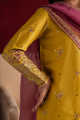 Yellow 3 Pc Embroidered Egyptian Cotton Suit