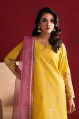 Yellow 3 Pc Embroidered Egyptian Cotton Suit