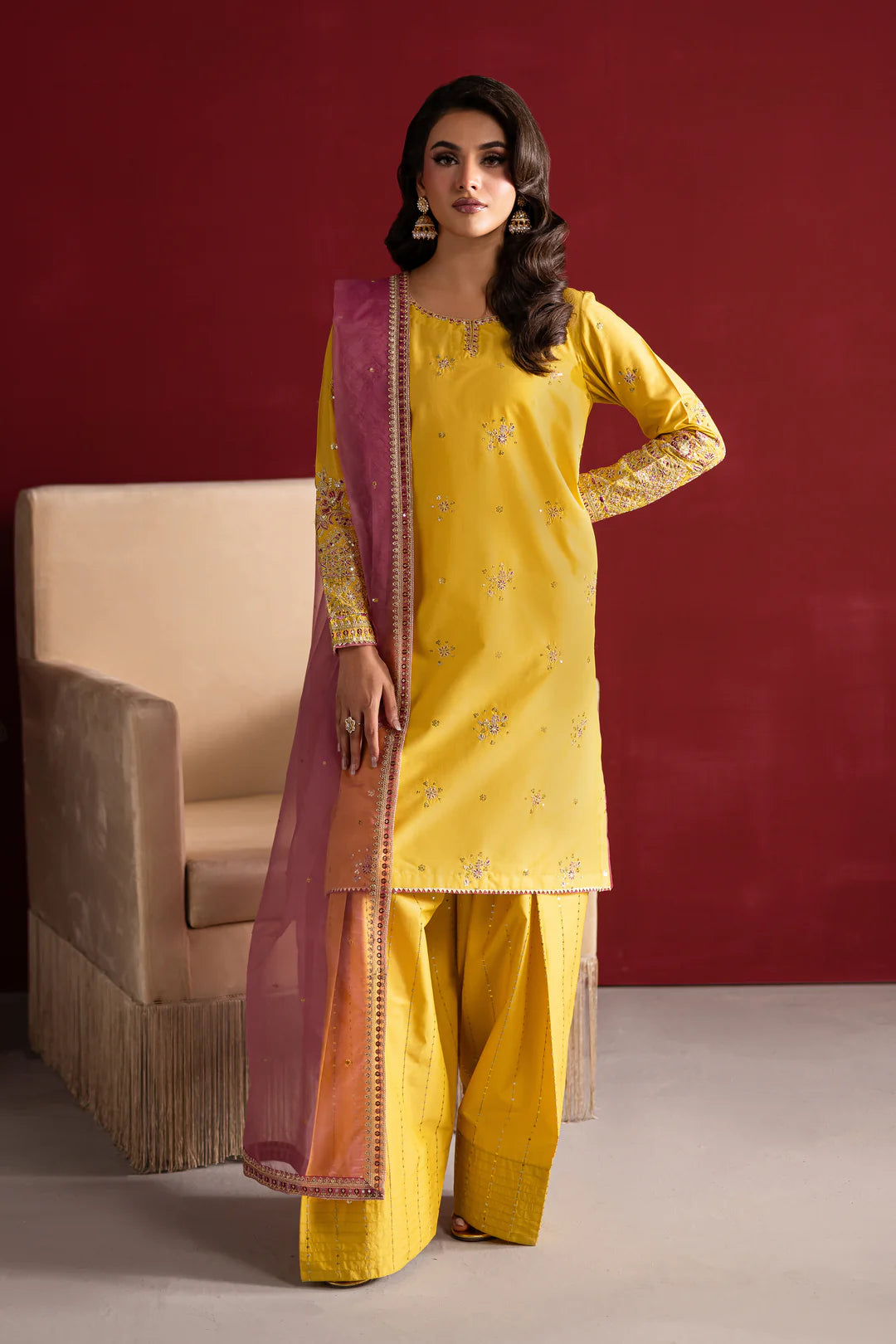 Yellow 3 Pc Embroidered Egyptian Cotton Suit