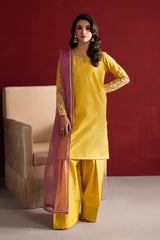 Yellow 3 Pc Embroidered Egyptian Cotton Suit