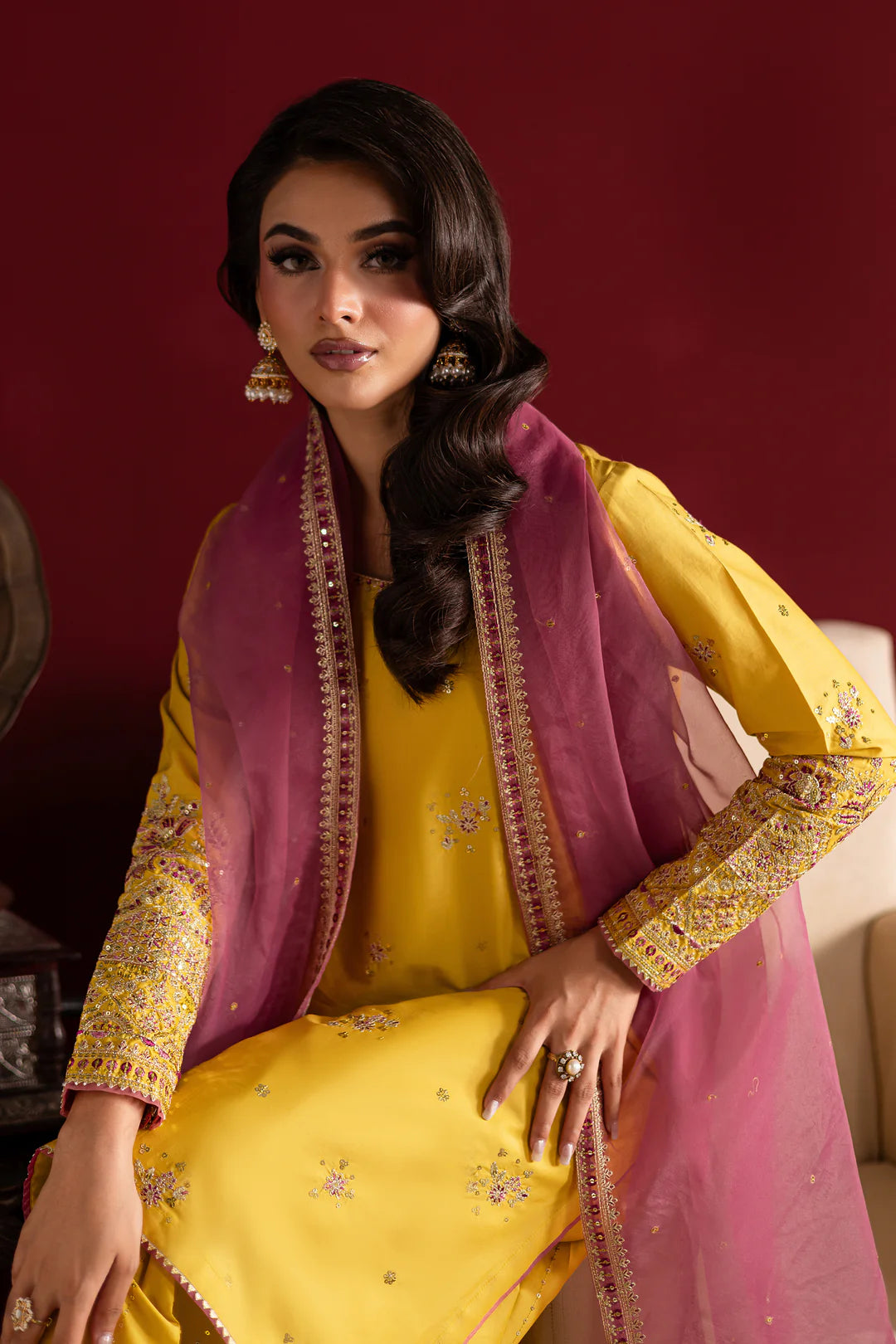 Yellow 3 Pc Embroidered Egyptian Cotton Suit