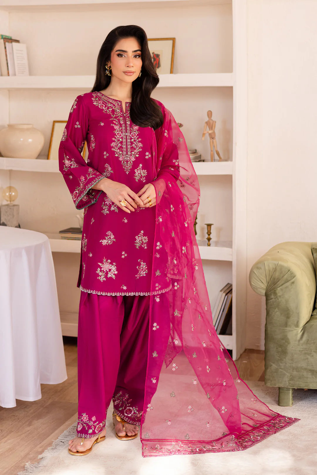 Embroidered Solid Dress - 3 Pc
