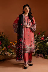 Rust Embroidered 3 Pc Pima Lawn Suit