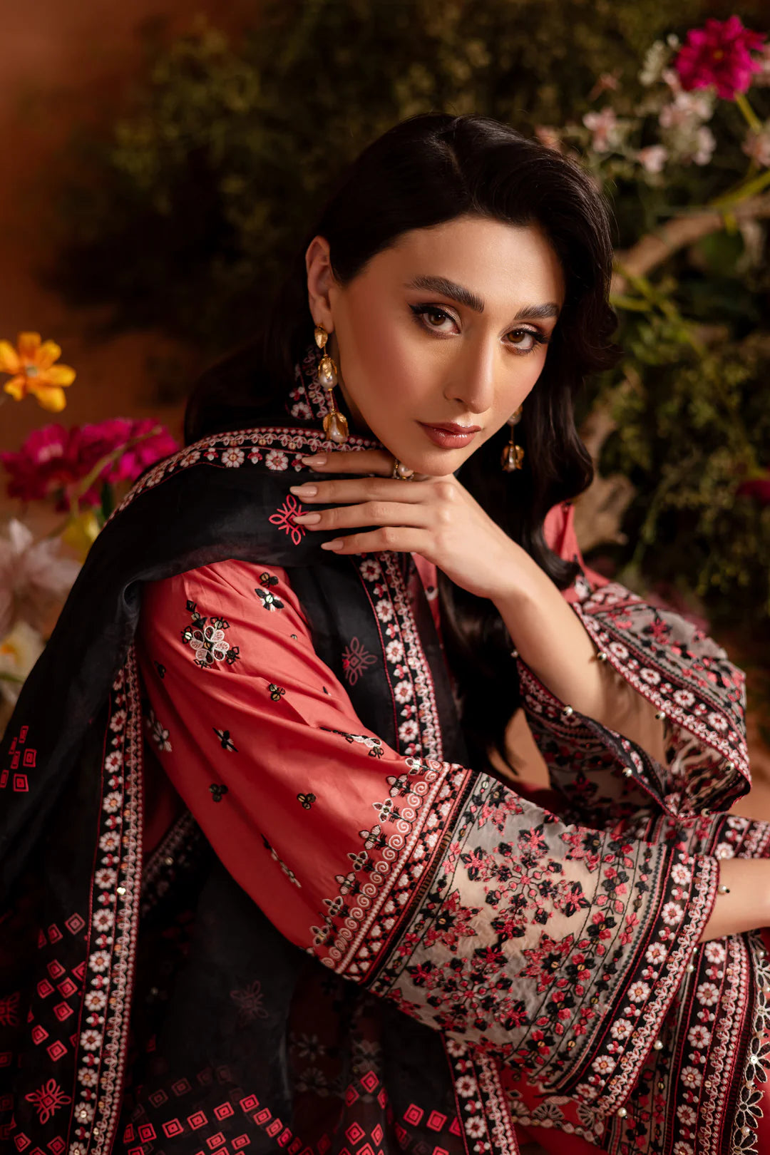 Rust Embroidered 3 Pc Pima Lawn Suit