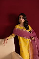 Yellow 3 Pc Embroidered Egyptian Cotton Suit